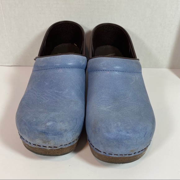 blue leather clogs